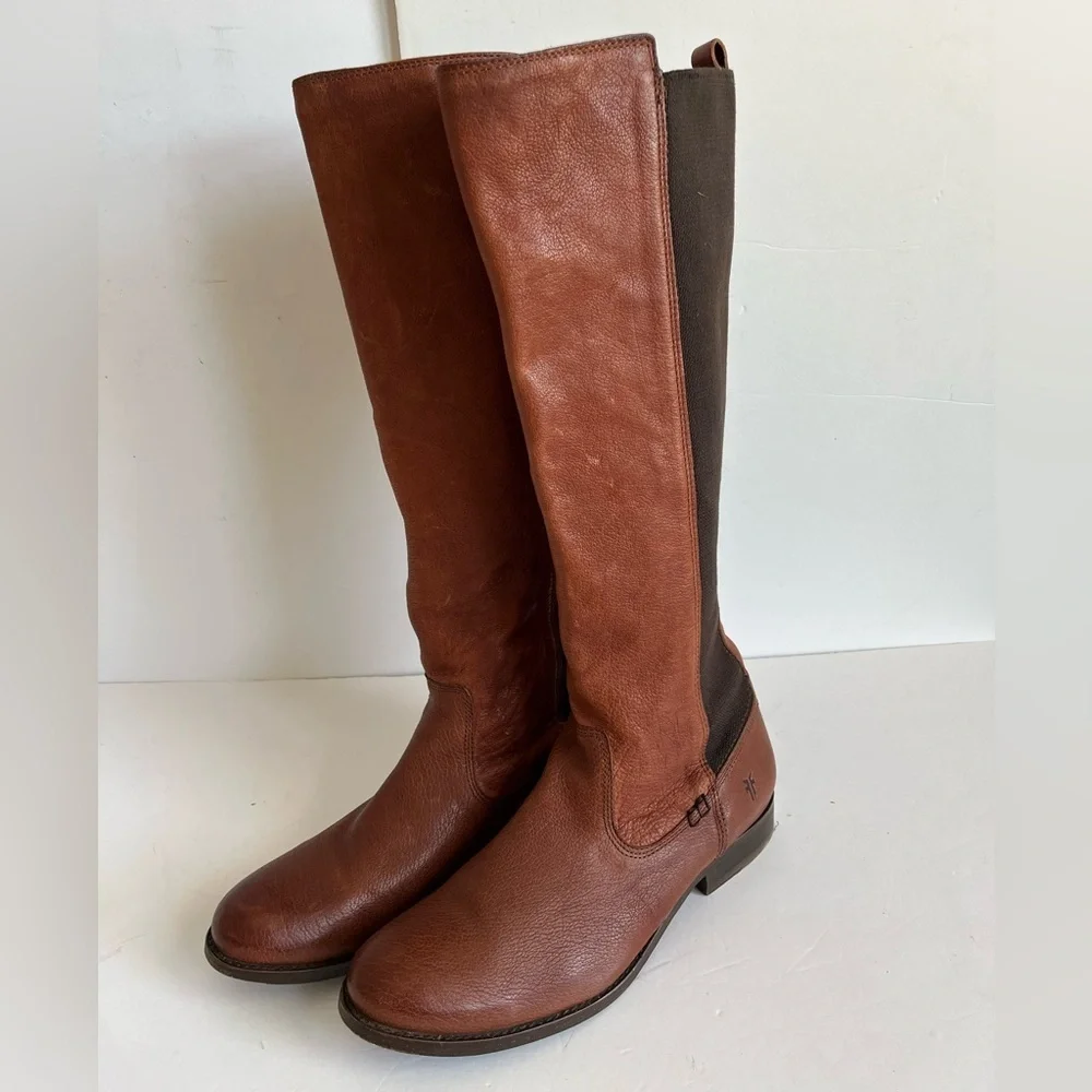 Frye Molly Gore Brown Tall Elastic Panel Riding Boots size 8.5B